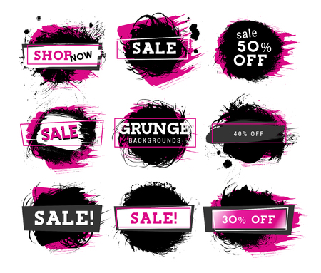 Sale promotion grungy hand painted ink spots. Discount stickers, labels, logo templates. Black Friday design. Seasonal sale promo. Vector frames illustrationのイラスト素材