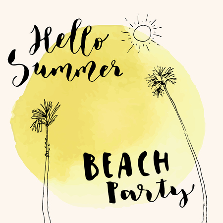 Hello Summer Beach Party hand drawn greeting card on yellow artistic watercolor blotch background. Brush hand lettering, modern calligraphy. Fearless messy composition with hand drawn palm trees. Vector illustrationのイラスト素材