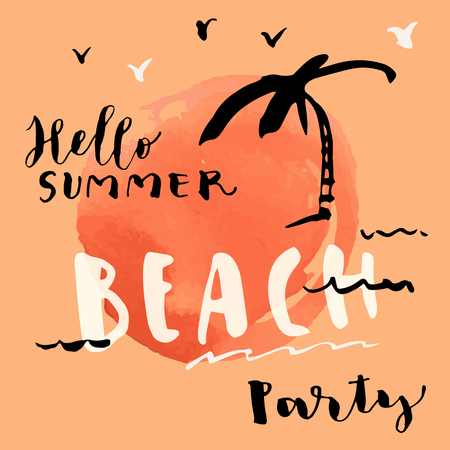 Hello Summer Beach Party hand drawn greeting card on artistic watercolor background. Brush hand lettering, modern calligraphy. Greeting card with a hand drawn palm tree. Vector illustrationのイラスト素材