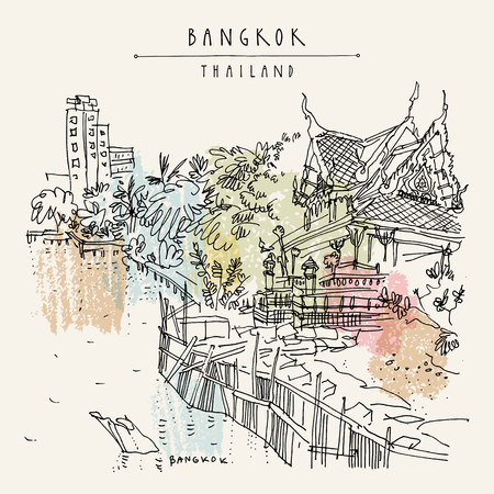 Bangkok, Thailand. Chao Phraya river, Buddhist temple and residential buildings. Khaosan touristic area, riverside. Travel sketch. Hand drawn vintage travel postcard, poster, book illustration. Vectorのイラスト素材