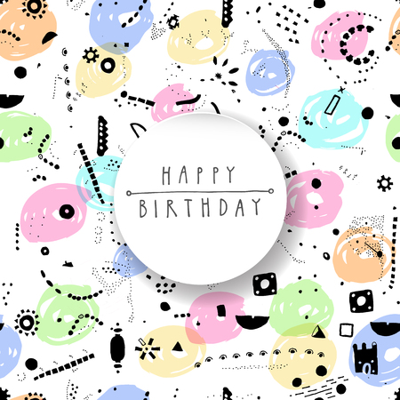 Happy Birthday card with hand drawn motifs in vectorのイラスト素材