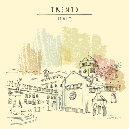 Trento, Northern Italy. Cathedral Square (Piazza Duomo) and the Late Baroque Fountain of Neptune. Artistic drawing. Travel sketch. Vintage touristic postcard, poster or book illustration in vectorのイラスト素材