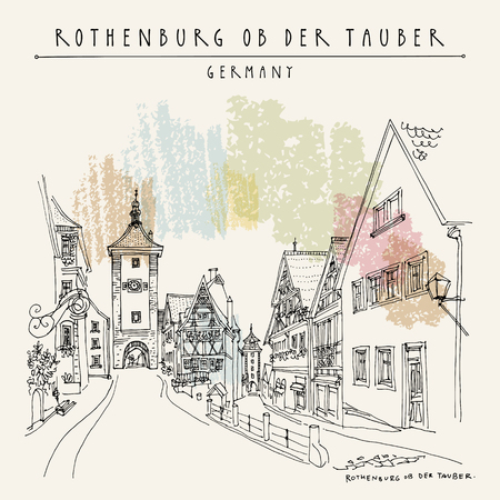 Rothenburg ob der Tauber, Germany, Europe. Romantic city old town. Travel sketch. Vintage hand drawn postcard. Vector illustrationのイラスト素材