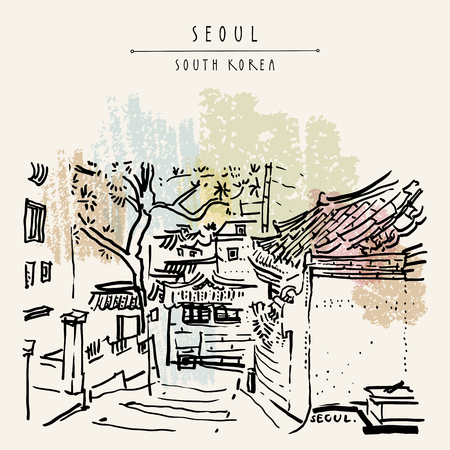 Seoul, South Korea, Asia. Traditional Korean Hanok houses. Hanok Bukchon. Hand drawing in retro style. Travel sketch. Vintage touristic postcard, poster or book illustration in vectorのイラスト素材