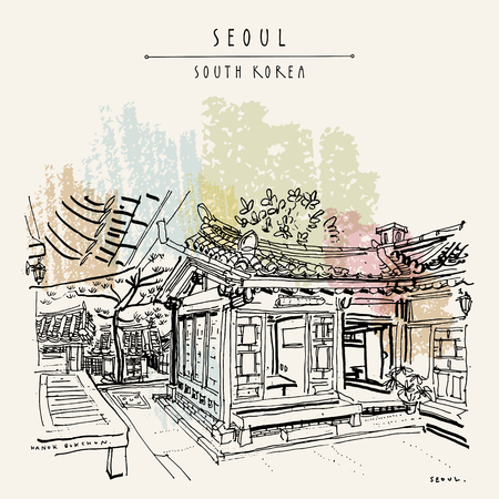 Seoul, South Korea, Asia. Traditional Korean Hanok houses. Hanok Bukchon. Hand drawing in retro style. Travel sketch. Vintage touristic postcard, poster or book illustration in vectorのイラスト素材
