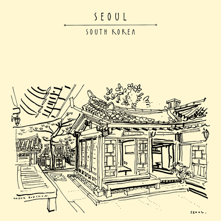 Seoul, South Korea, Asia. Traditional Korean Hanok houses. Hanok Bukchon. Hand drawing in retro style. Travel sketch. Vintage touristic postcard, poster or book illustration in vectorのイラスト素材