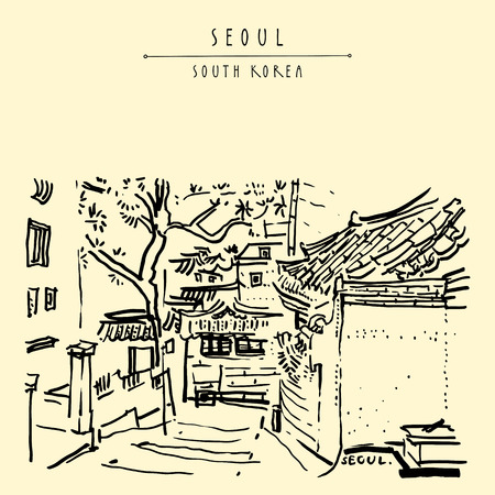 Seoul, South Korea, Asia. Traditional Korean Hanok houses. Hanok Bukchon. Hand drawing in retro style. Travel sketch. Vintage touristic postcard, poster or book illustration in vectorのイラスト素材