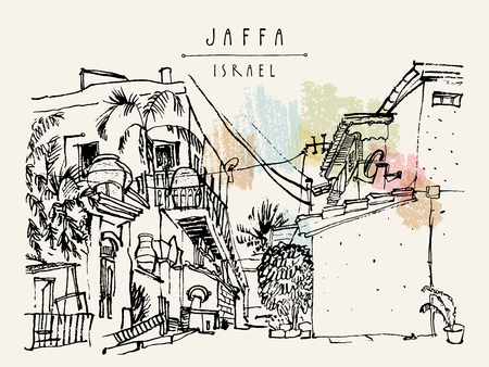 A house in Jaffa (Yafo), Tel Aviv, Israel. Grungy black ink brush outline drawing with lighthouse, houses and trees. Travel sketch. Touristic poster, postcard template or book illustration in vectorのイラスト素材