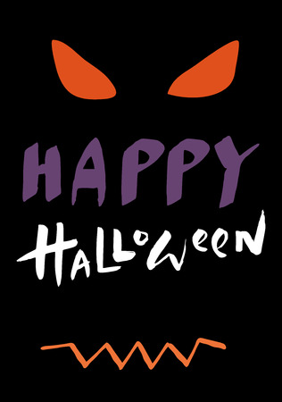 Happy Halloween. Hand lettered greeting card with a pumpkin face. Simple flat graphic design on black background. Vector illustrationのイラスト素材