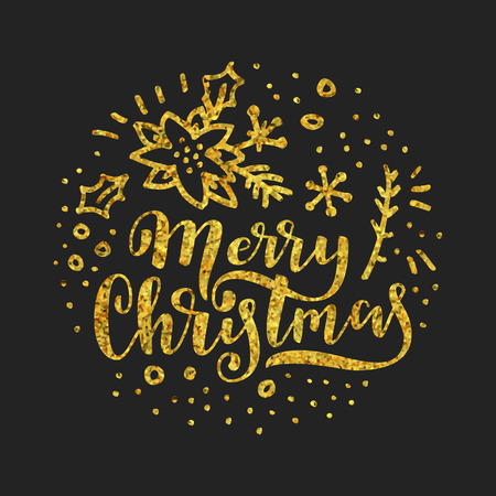 Merry Christmas calligraphy in gold. Luxurious Christmas lettering. Hand lettered luxurious Christmas  greeting card with gold glitter texture. Ink brush modern calligraphy. Vector illustrationのイラスト素材