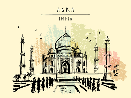 Taj Mahal in Agra, India. Old historical architecture. Taj Mahal Mausoleum. Famous historical landmark. Vector hand drawn travel postcardのイラスト素材