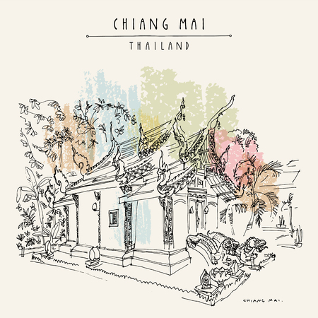 Chiang Mai, Thailand. Wat Umongmahatherachan, old Buddhist temple with soaring wing-shaped roofs. Meditation place. Hand drawn vintage touristic postcard in vectorのイラスト素材