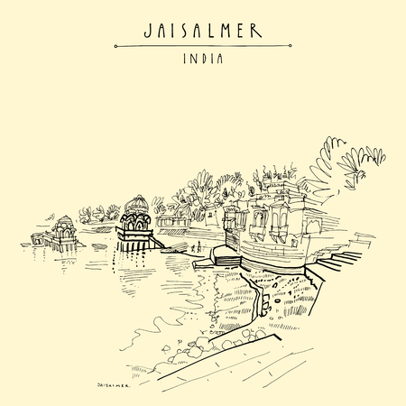 Gadisar (Gadi Sagar) lake in Jaisalmer, Rajasthan, India. Beautiful aged buildings and water. Travel sketch. Vintage hand drawn touristic postcard or poster. Vector illustrationのイラスト素材