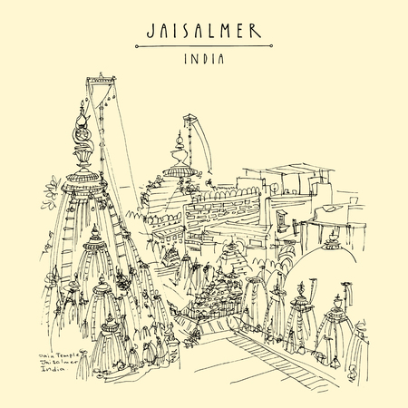 Jaisalmer, Rajasthan, India. Jain temple rooftop. Reliefs and flags. Travel sketch. Vintage hand drawn touristic postcard or poster. Vector illustrationのイラスト素材