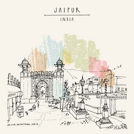 Jaipur, Rajasthan, India. Galta Gate. Heritage site. Jaipur is part of the Golden Triangle touristic rout in India. Architechtural travel sketch. Vintage hand drawn touristic postcard. Vectorのイラスト素材