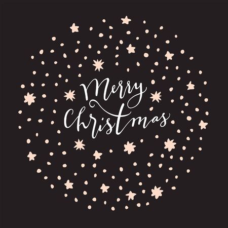 Merry Christmas. Holiday Season vintage hand drawn greeting card, postcard, label, sticker, badge on black background with stars. Calligraphic art. vector illustrationのイラスト素材