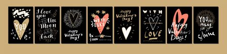 Hand drawn Valentine's Day cards. For You, I Love You to The Moon and Back, You Are Awesome, You Are My Sunshine, With Love. Vintage artistic greeting cards with hearts. Modern calligraphy, letteringのイラスト素材