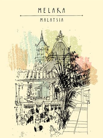 A mosque in Melaka, Malaysia, Southeast Asia. Vertical vintage travel sketch postcard, poster template. Artistic location drawing illustrationのイラスト素材