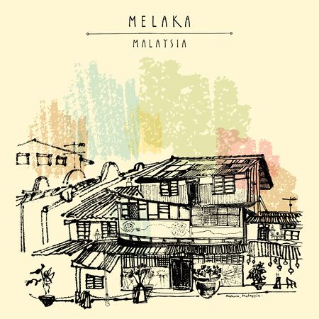 Old historical houses on the river in Melaka, Malaysia. Travel sketch. Vintage touristic hand drawn postcard, poster, book illustration in vectorのイラスト素材