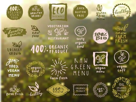 Organic food labels set. Vector fresh healthy food icons. Vintage badges for restaurant menu or food packageのイラスト素材