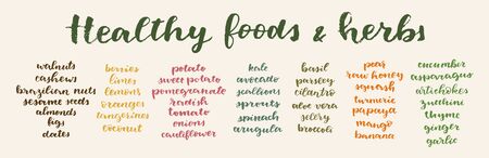 Healthy Foods and Herbs calligrafic set. Vector hand lettered healthy nutrition ingredient list. Healing diet plan example. Natural anti-inflammation foods lettering. Organic restaurant menu templateのイラスト素材