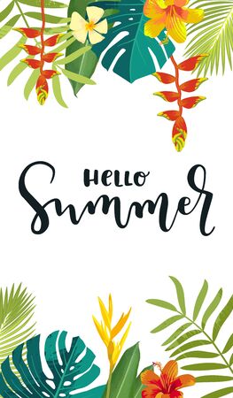 Hello Summer calligraphy card. Vertical summertime banner, poster with exotic tropical leaves, flowers. Bright jungle background. Vivid colors. Hawaiian beach party backdropのイラスト素材