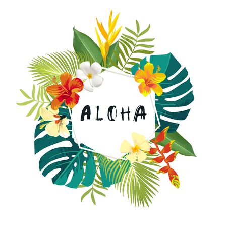 Aloha summer calligraphy card. Summertime banner, poster with exotic tropical leaves, flowers. Hexagon frame bright jungle background. Vivid bright colors. Hawaiian beach party flyer templateのイラスト素材