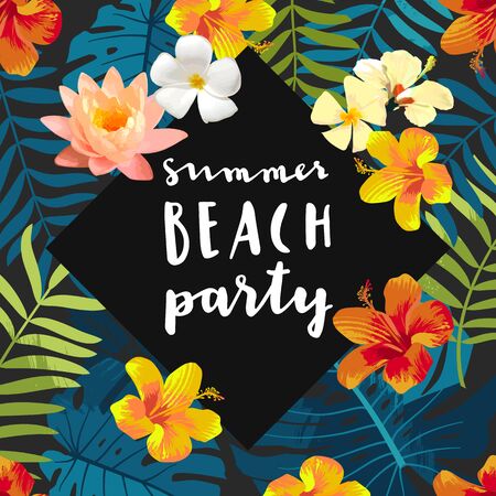 Summer Beach Party calligraphy card. Summertime postcard with exotic tropical leaves, flowers. Square frame jungle background. Bright colors. Hawaiian beach style templateのイラスト素材