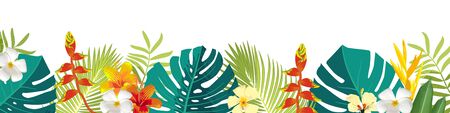 Tropical leaves and flowers border. Summer floral decoration. Horizontal summertime banner. Bright jungle background. Bright colors. Caribean beach party backdropのイラスト素材