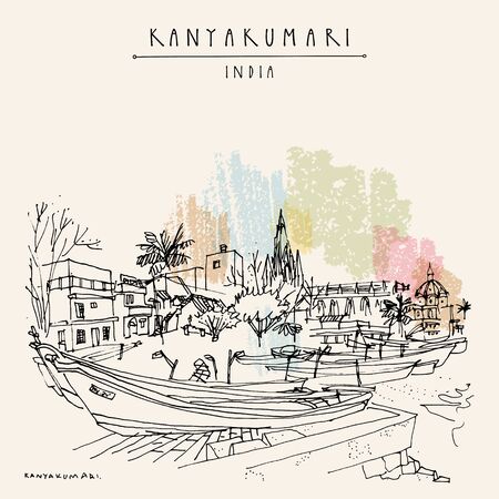 Kanyakumari, Tamil Nadu, South India. The southernmost point of India. Cityscape with fishing boats and a church. Vintage hand drawn touristic postcard. のイラスト素材