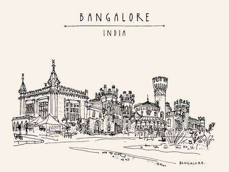 Bangalore (Bengaluru), Karnataka, India. Beautiful Bangalore palace. Travel sketch. Vintage hand drawn postcard template. Vector illustrationのイラスト素材