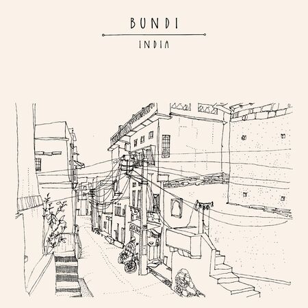 Bundi, Rajasthan, India. Street in old town. Artistic drawing. Indian travel postcard or poster  with hand lettering
のイラスト素材