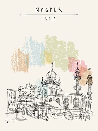 Nagpur, Maharashtra, India. Mosque and Muslim library. Travel sketch. Vintage hand drawn postcard or poster. Vector illustrationのイラスト素材