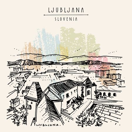 Ljubljana, Slovenia, Balkans, Europe. Ljubljana castle. View from upper town citadel. Aerial panorama. Artistic drawing illustration. Travel sketch. Vintage hand drawn postcard. Vector illustration
のイラスト素材