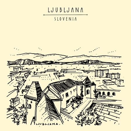 Ljubljana, Slovenia, Balkans, Europe. Ljubljana castle. View from upper town citadel. Aerial panorama. Artistic drawing illustration. Travel sketch. Vintage hand drawn postcard. Vector illustration
のイラスト素材