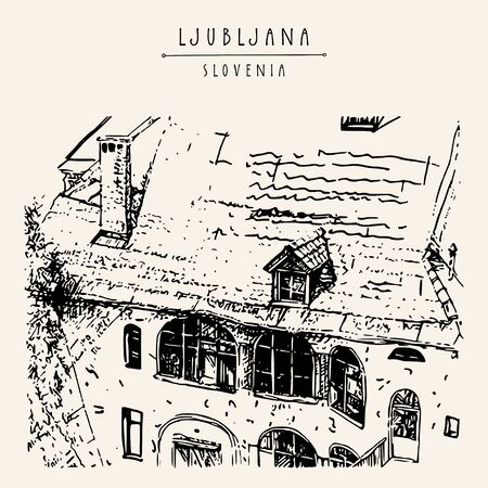Ljubljana, Slovenia, Europe. House in old town, nice old roof with an attic. Artistic architectural drawing. Travel sketch. Vintage hand drawn travel postcard.  vector illustrationのイラスト素材
