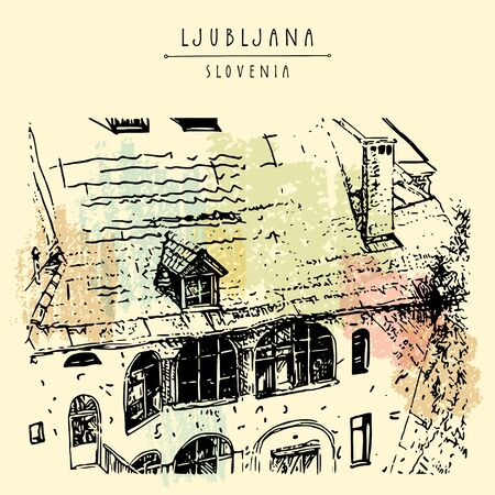 Ljubljana, Slovenia, Europe. House in old town, nice old roof with an attic. Artistic architectural drawing. Travel sketch. Vintage hand drawn travel postcard.  vector illustrationのイラスト素材