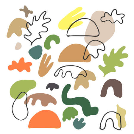 Abstract hand drawn composition with fluid organic shapes in muted colors on white background. Vector EPS10 illustrationのイラスト素材