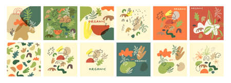 Abstract creative hand drawn compositions set in Memphis vintage style. Fluid organic shapes in muted earthy matte colors for e-commerce and social media marketing. Vector EPS10 artistic illustrationのイラスト素材