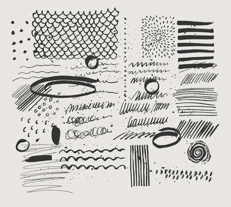 Abstract contemporary trendy artistic background. Wall art with monochromatic hand drawn elements. Black graphic elements on light gray background. Home decoration print design. Vector illustrationのイラスト素材