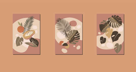 Mid century boho style fruit home decor. Modern abstract compositions. Contemporary tropical minimalist prints. Nursery home decoration, wall art in neutral terracotta colors, earth tones. Vectorのイラスト素材