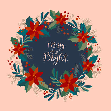 Merry and Bright. Christmas vintage artistic calligraphic greeting card with a holly berries wreath. Poinsettia, mistletoe, fir tree traditional festive frame. Merry Christmas lettering cardのイラスト素材