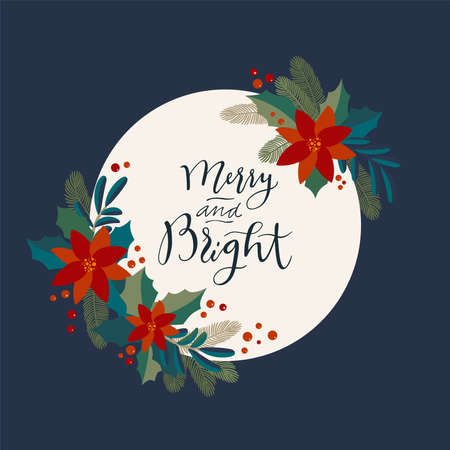 Merry and Bright. Christmas vintage artistic calligraphic greeting card with a holly berries wreath. Poinsettia, mistletoe, fir tree traditional festive frame. Merry Christmas lettering cardのイラスト素材