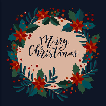 Merry Christmas vintage artistic calligraphic greeting card with a holly berries wreath. Poinsettia, mistletoe, fir tree branches traditional festive frame. Merry Christmas hand lettering cardのイラスト素材