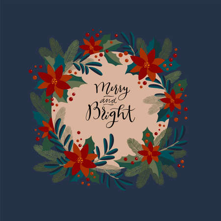 Merry and Bright. Christmas vintage artistic calligraphic greeting card with a holly berries wreath. Poinsettia, mistletoe, fir tree traditional festive frame. Merry Christmas lettering cardのイラスト素材