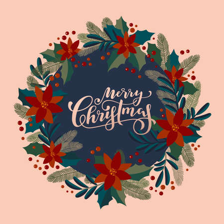 Merry Christmas vintage artistic calligraphic greeting card with a holly berries wreath. Poinsettia, mistletoe, fir tree branches traditional festive frame. Merry Christmas hand lettering cardのイラスト素材