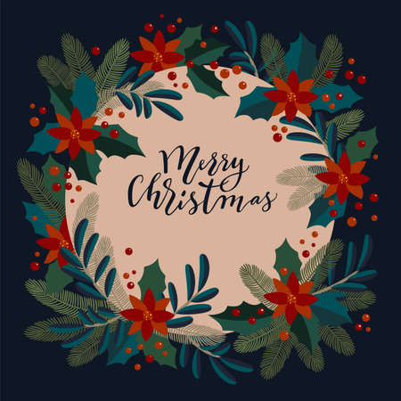 Merry Christmas vintage artistic calligraphic greeting card with a holly berries wreath. Poinsettia, mistletoe, fir tree branches traditional festive frame. Merry Christmas hand lettering cardのイラスト素材