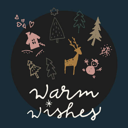 Warm Wishes. Vintage winter holidays calligraphic card. Merry Christmas vintage artistic greeting card. Creative illustrationのイラスト素材