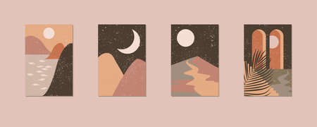 Minimalist wall art. Abstract landscapes for boho esthetic interior. Home decor wall prints. Soft pink, terracotta colors with mustard hues. Sun and moon. Contemporary artistic EPS 10 printable vectorのイラスト素材