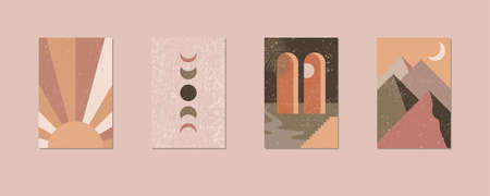 Minimalist geometric wall art. Abstract landscapes for boho esthetic interior. Home decor wall prints. Soft pink, terracotta colors with mustard hues. Sun and moon. Contemporary printable vectorのイラスト素材